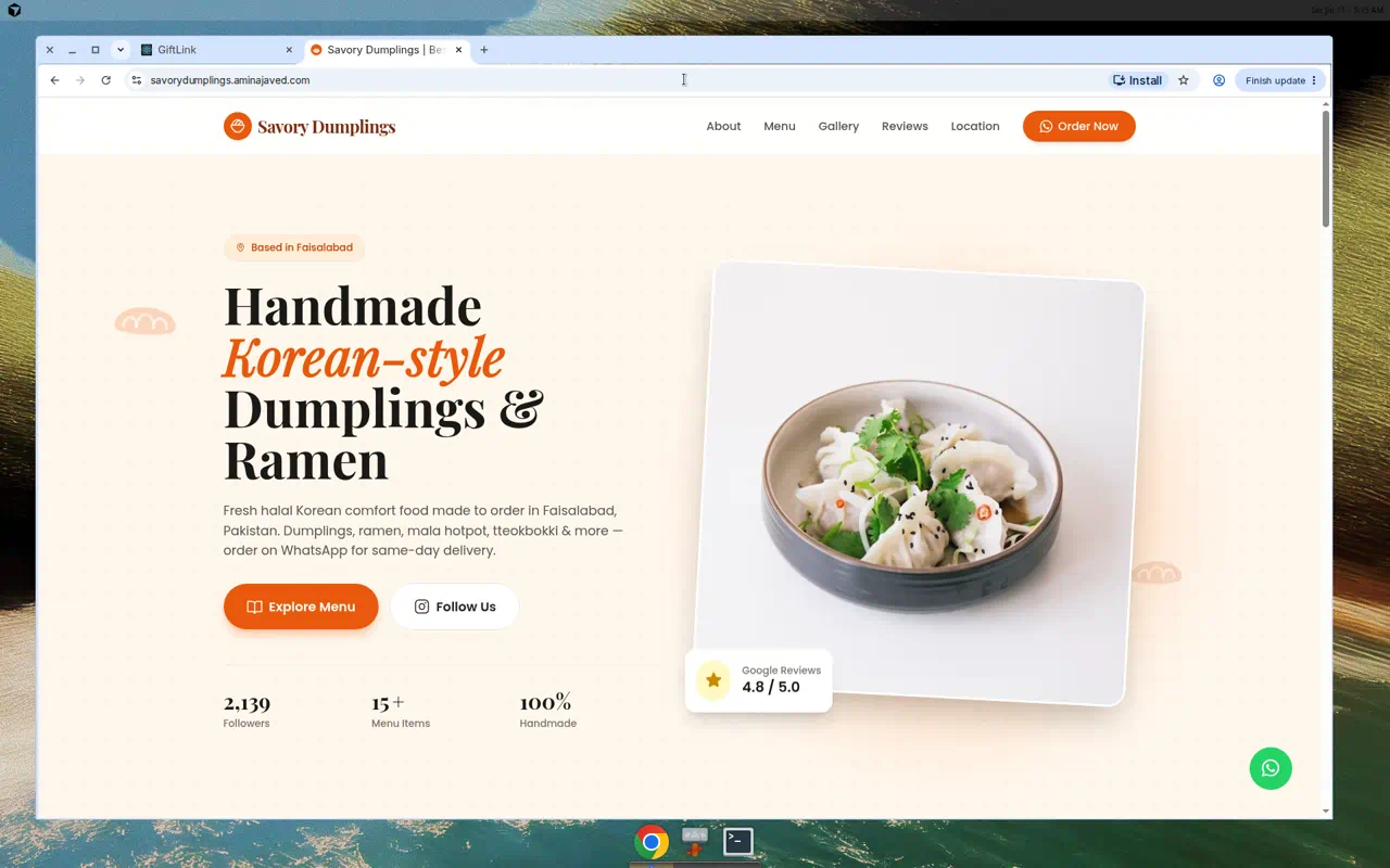 Example restaurant website on mobile
