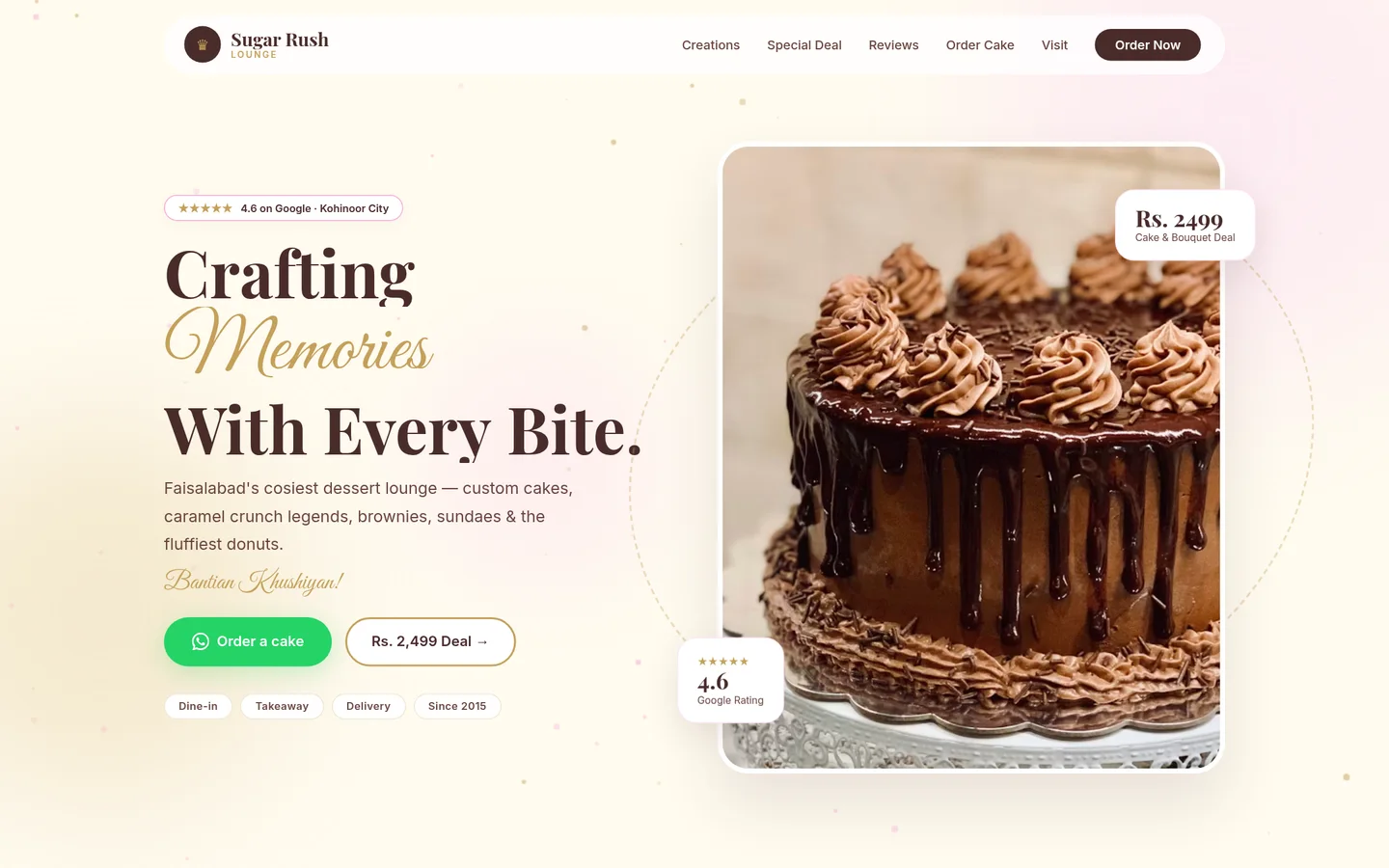 Sugar Rush Lounge bakery website — cakes, deals, WhatsApp ordering